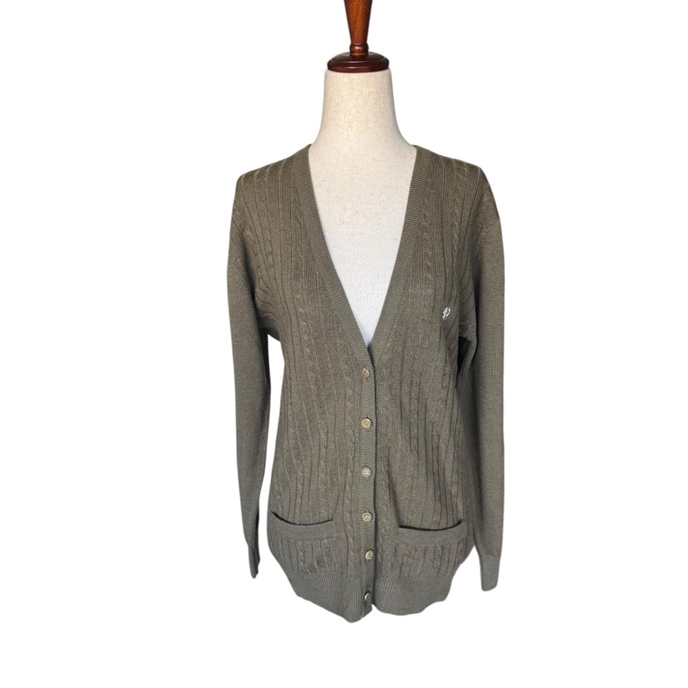 Pringle Scottish Wool Olive Green Khaki Cardigan Sweater Gold Button Size 36